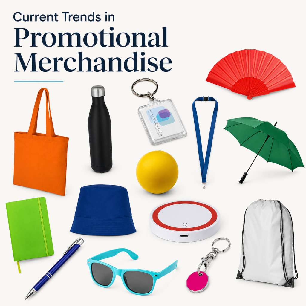 Promotional merchandise collection featuring branded products including a tote bag, reusable bottle, notebook, pen, lanyard, wireless charger, umbrella, sunglasses and drawstring bag.