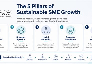 Infographic titled “The 5 Pillars of Sustainable SME Growth” showing five pillars: better management, stronger systems, useful networks, business resilience and flexible workspace