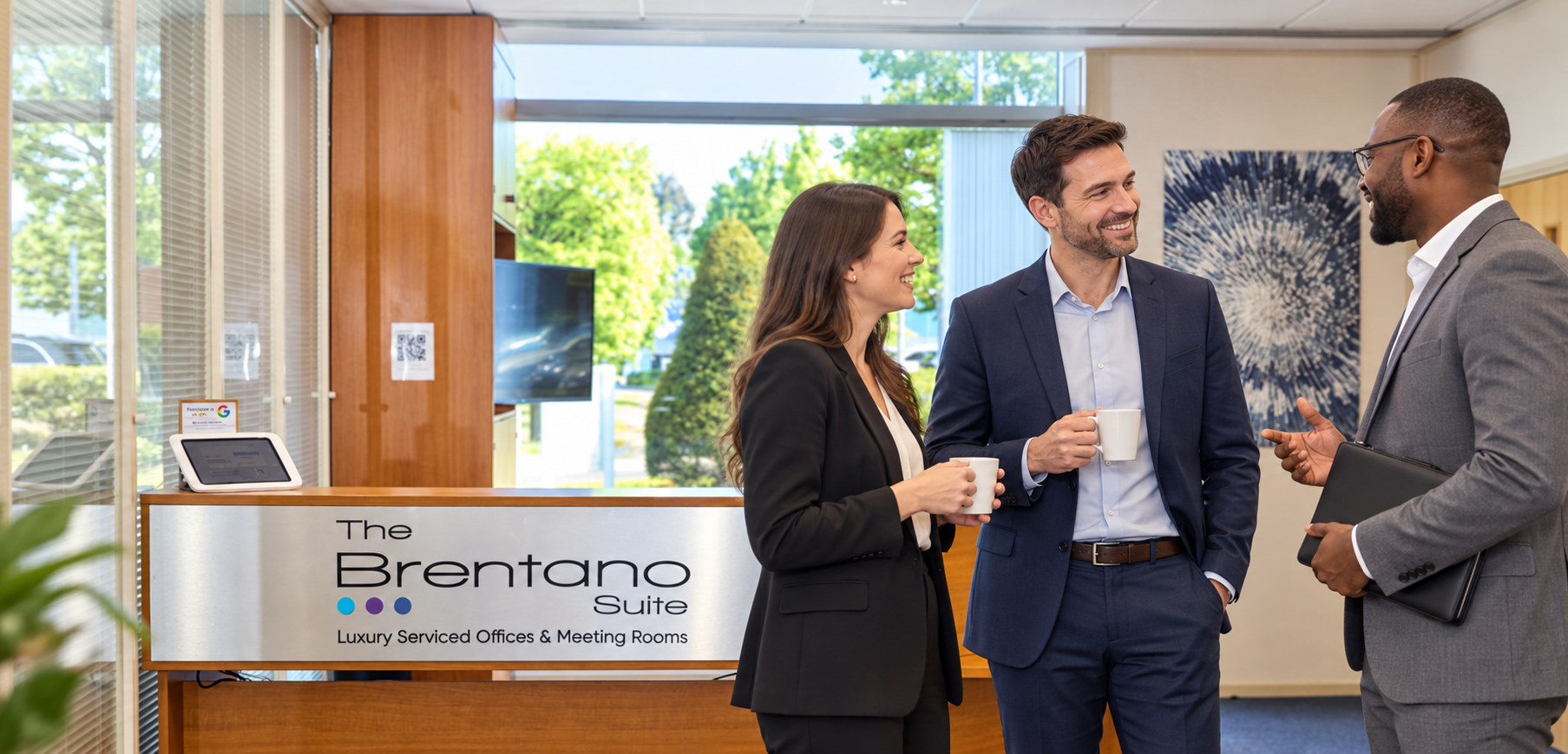 The Brentano Suite Elstree tenants talking in the reception area.